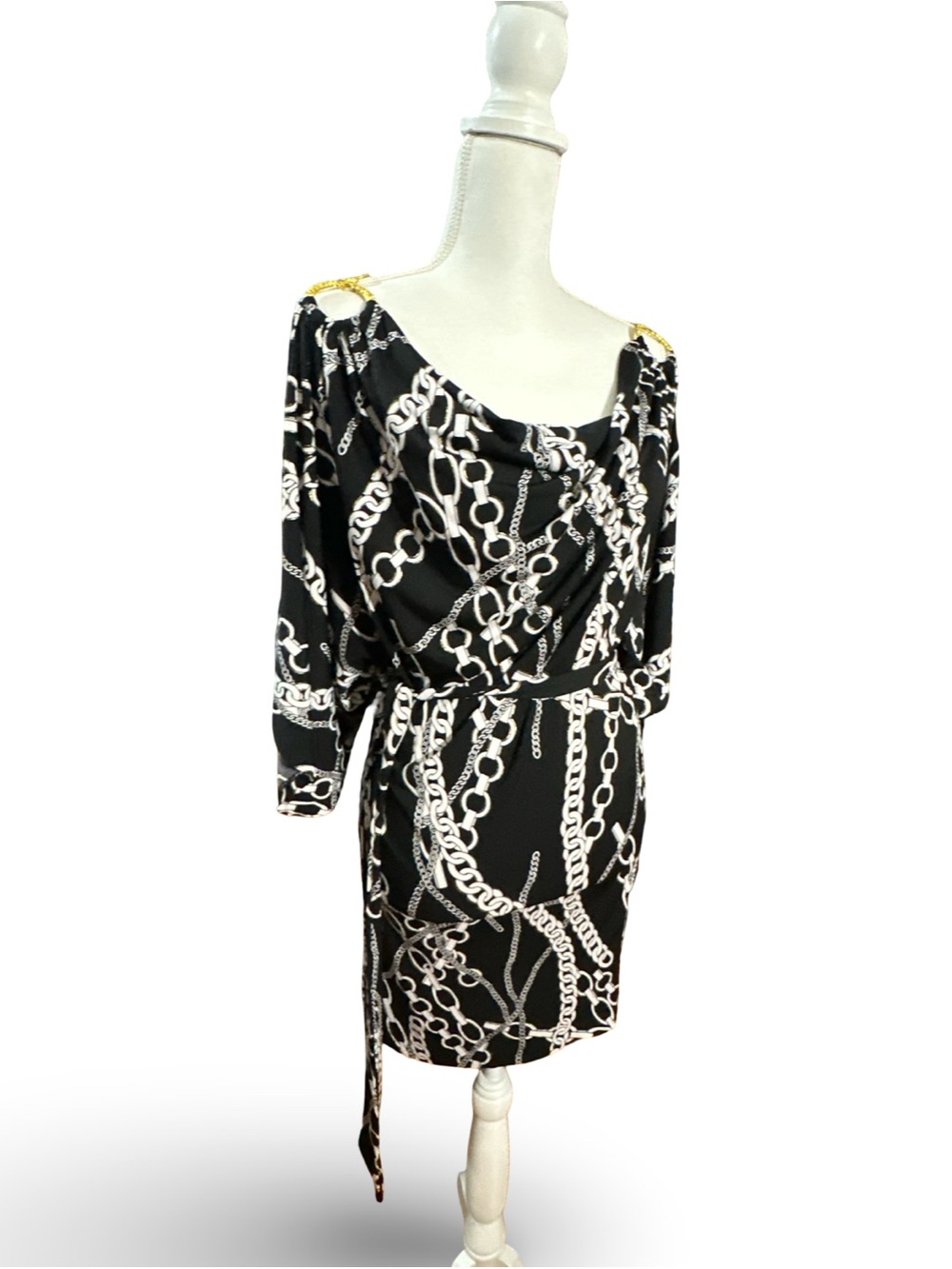 Caché Black & White Chain Print Dress with Gold Ring Hardware - XS